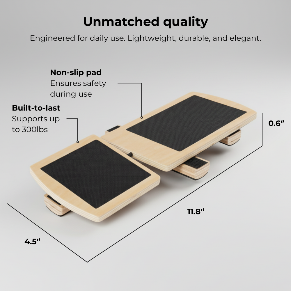 Wooden balance board with black non-slip pads, labeled features on a gray background.