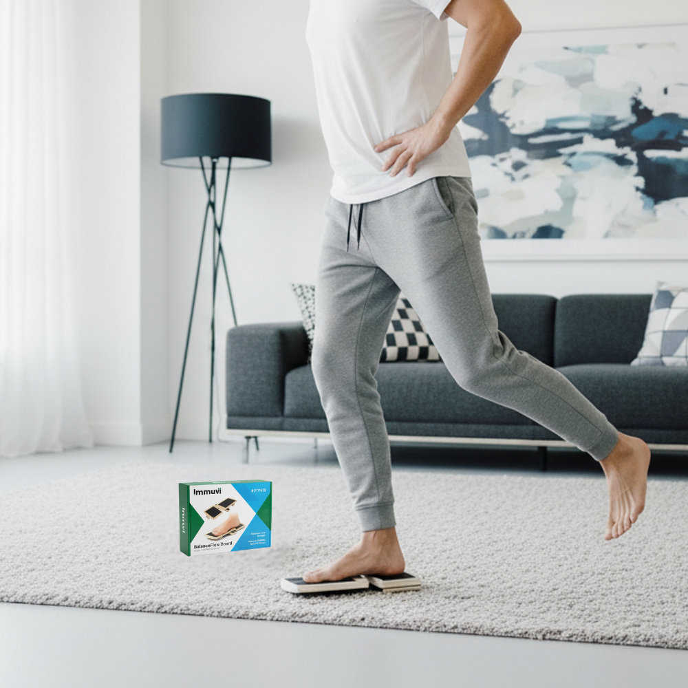 Person in gray sweatpants standing on a scale with a box of Invisalign aligners in the foreground.