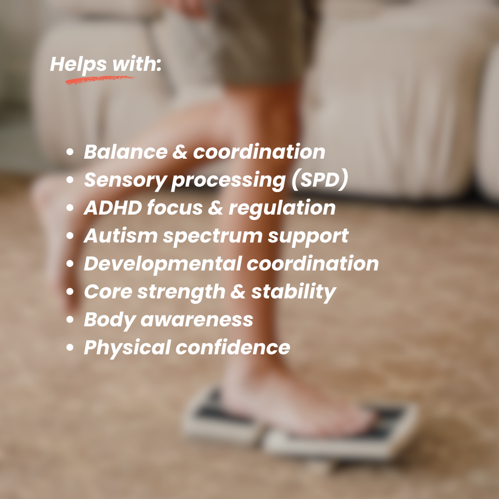 Person sitting on a couch with text listing benefits on a blurred background