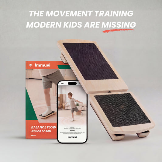 Balance flow junior board with smartphone displaying app, and Immuvi branding on a light gray background.
